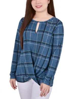 Petite Long Sleeve Knit Keyhole Top With Studs Double Layered Hem Reinforcement Layered Ventilation Zones