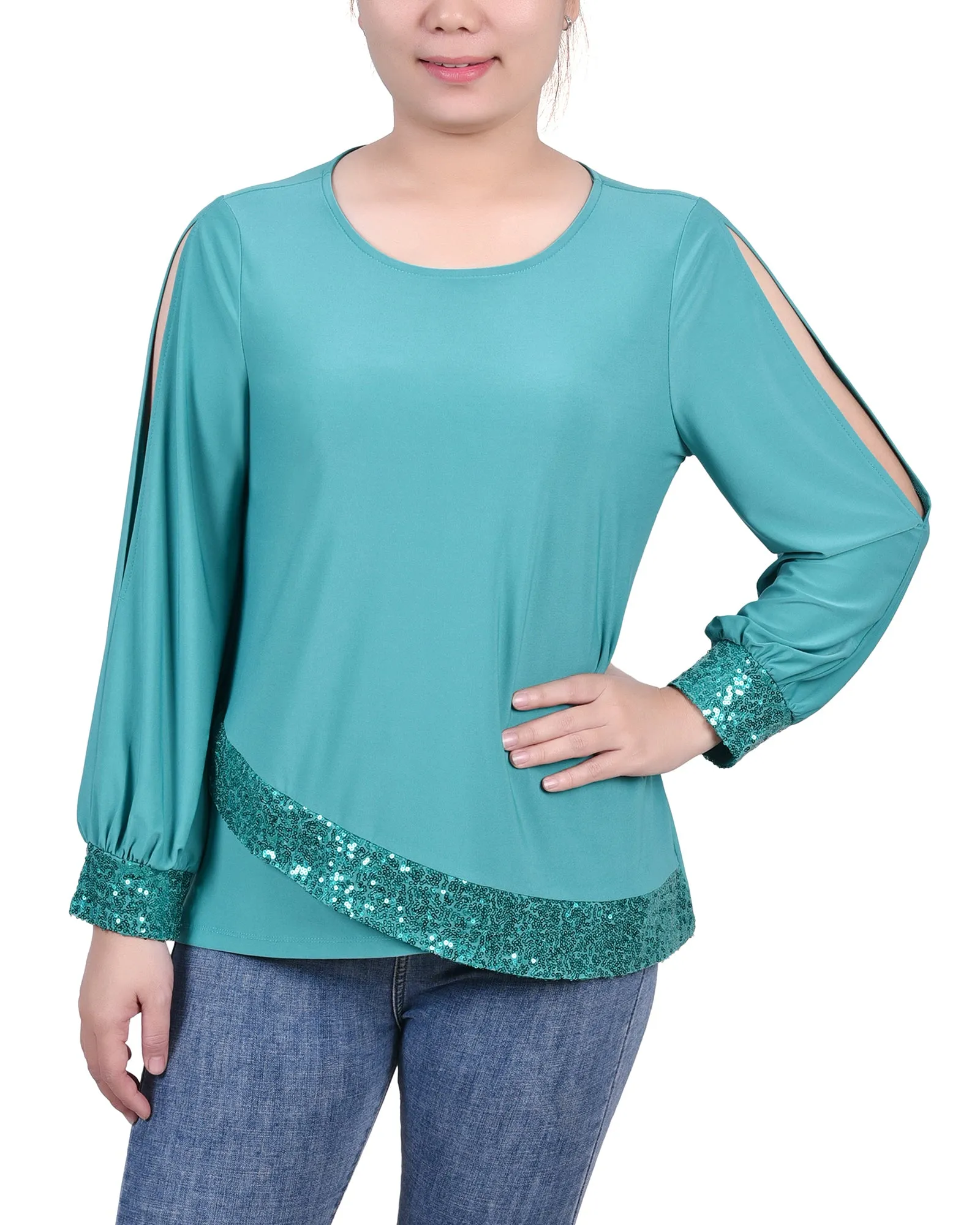 Petite Long Sleeve Knit Top With Sequin Hem Layered Shoulder Double Faced Jersey Knit