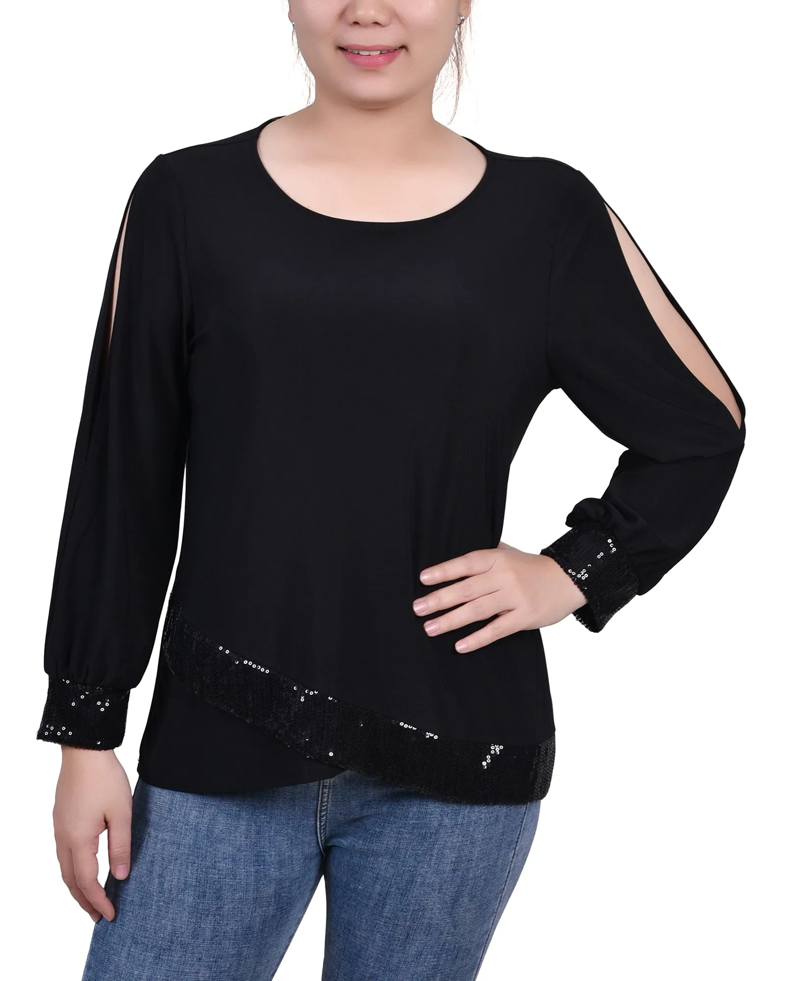 Petite Long Sleeve Knit Top With Sequin Hem Flexible Knit