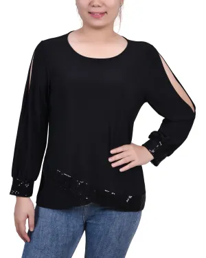 Basic Long Sleeve ZeroWasteProduction Petite Long Sleeve Knit Top With Sequin Hem