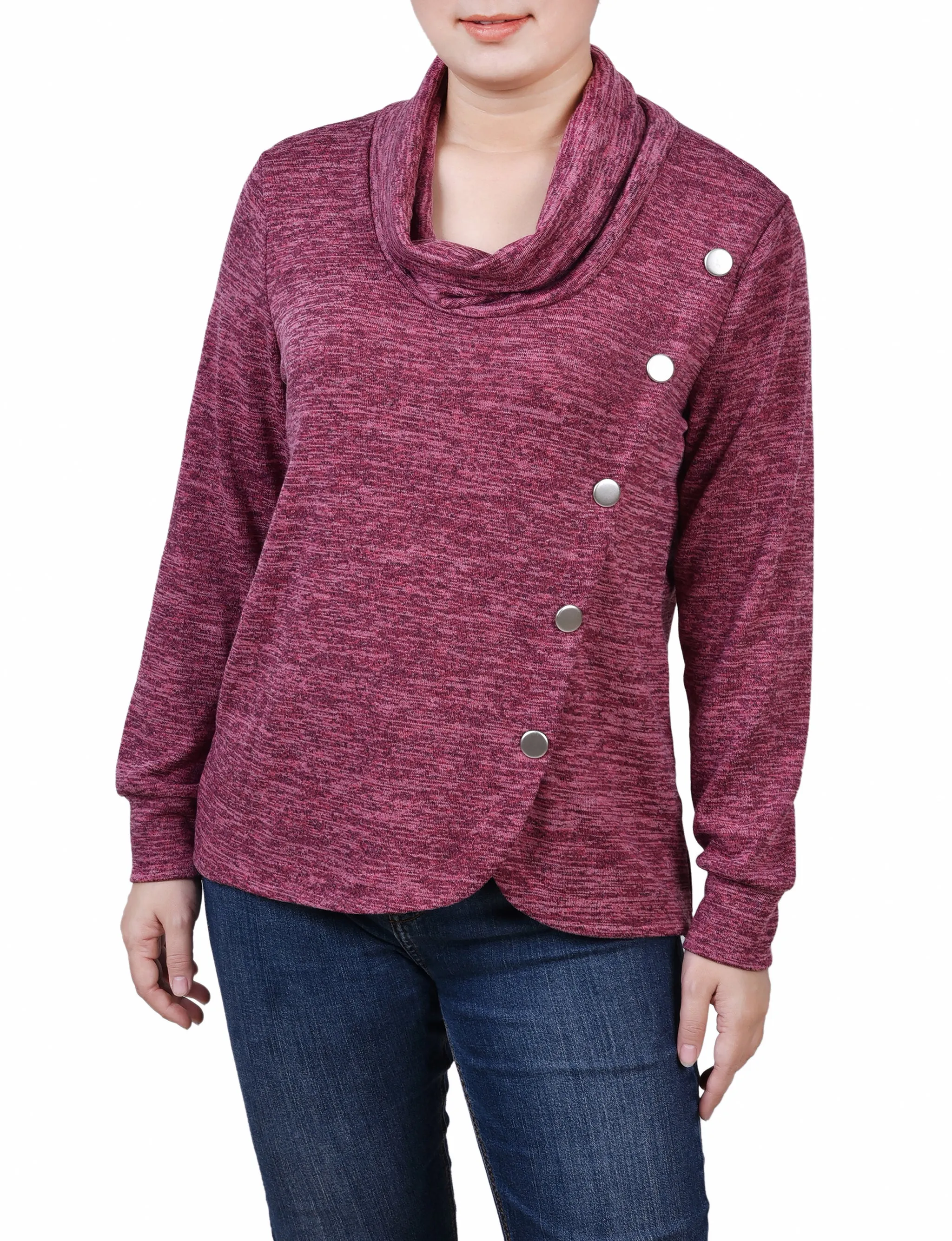 Petite Long Sleeve Overlapping Cowl Neck Top Fashion Statement EasyCare Material