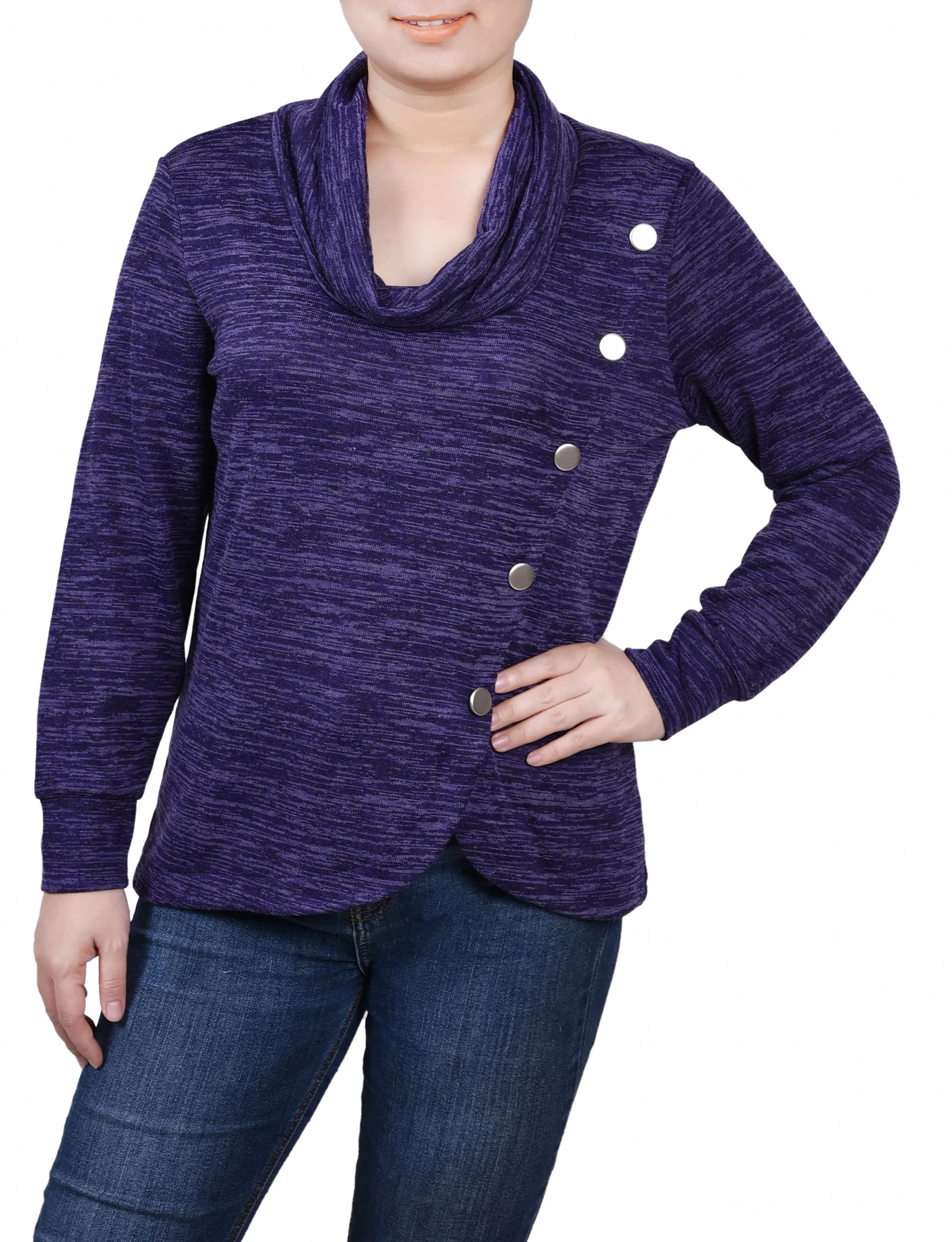 Eco Conscious Dye Process Petite Long Sleeve Overlapping Cowl Neck Top