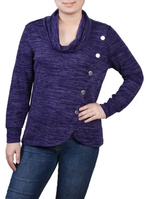Antibacterial Vintage Hoodie Petite Long Sleeve Overlapping Cowl Neck Top