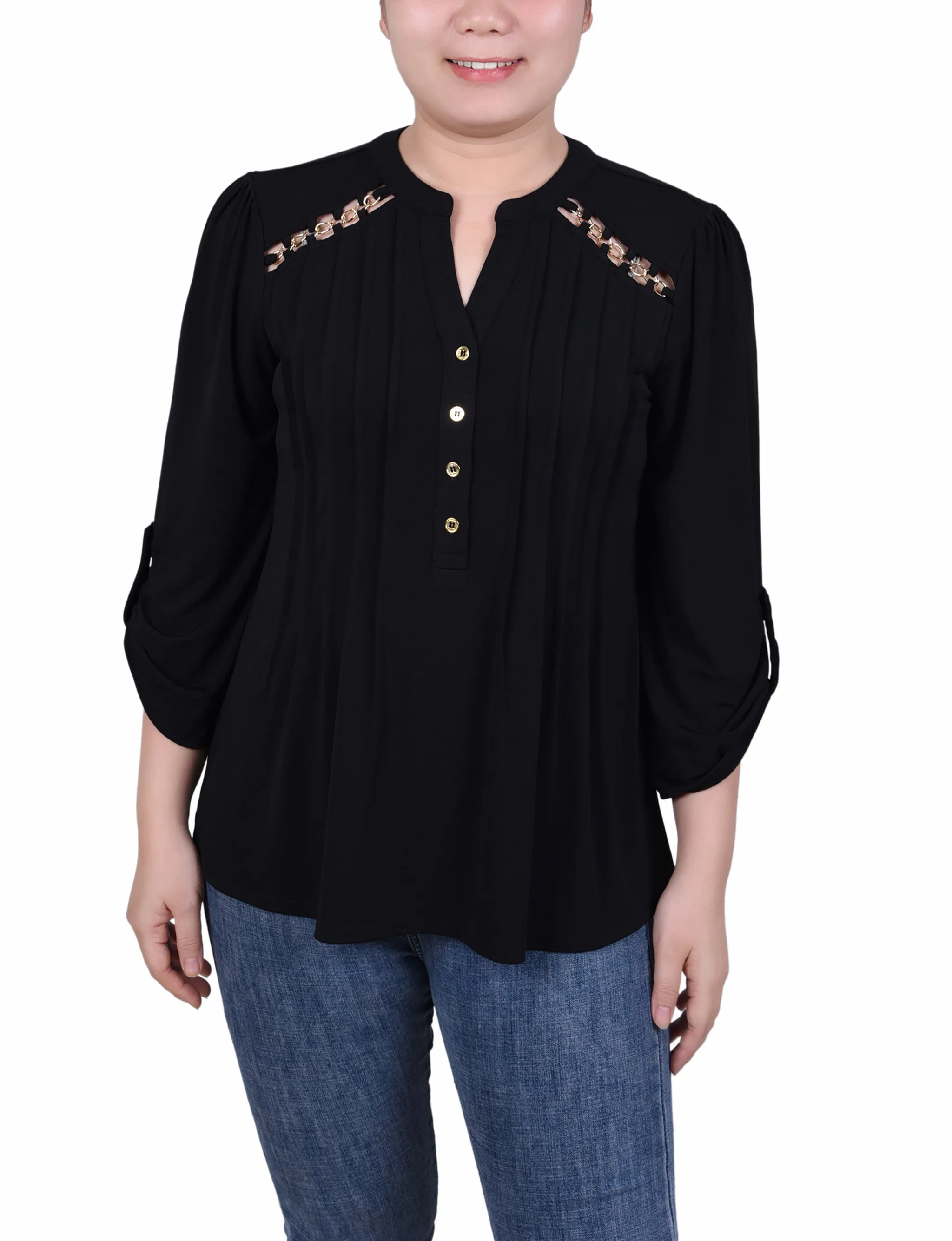 Petite Long Sleeve Pintuck Front Top With Chain Details Heat Regulating Fabric