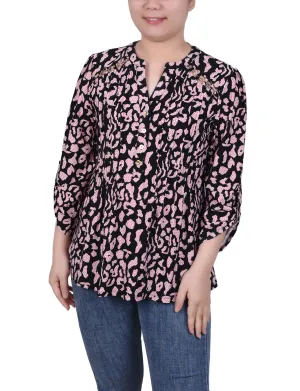 Petite Long Sleeve Pintuck Front Top With Chain Details Drop Shoulder Silhouette