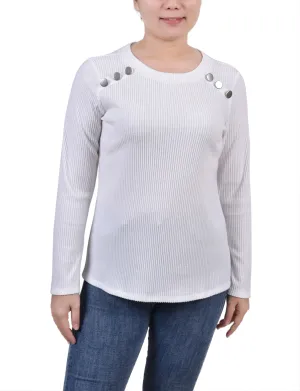 Petite Long Sleeve Ribbed Button Detail Top Anti Static Treatment