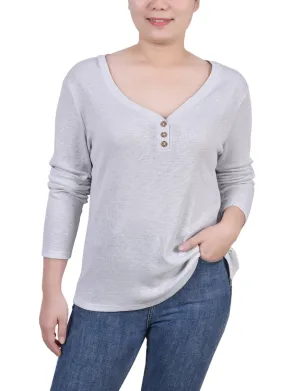 Petite Long Sleeve Ribbed Henley Top Easycare