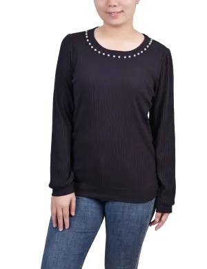 Petite Long Sleeve Ribbed Pearl Trimmed Top Reflective Detailing