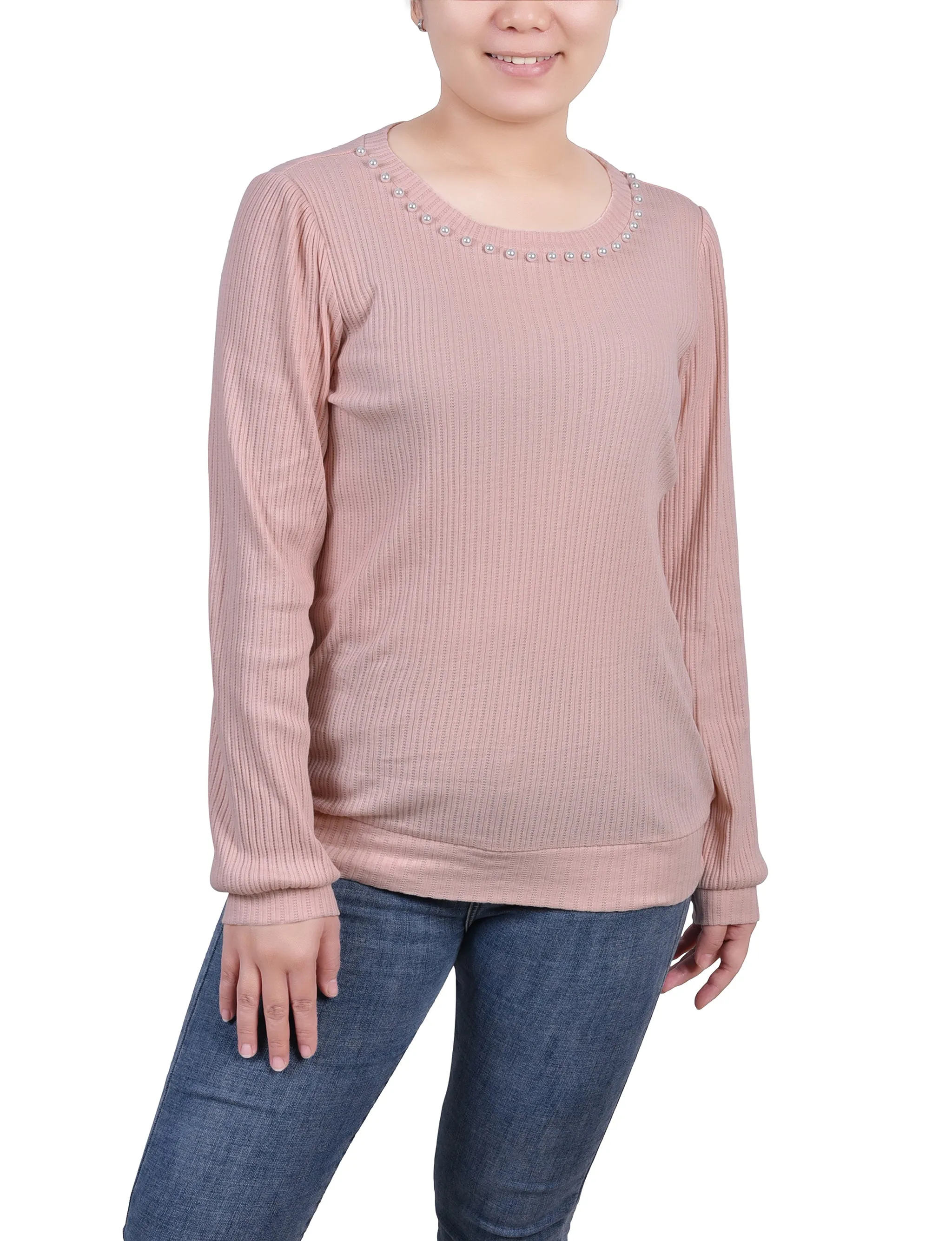 Petite Long Sleeve Ribbed Pearl Trimmed Top Compression Gradient WrinkleFree Finish