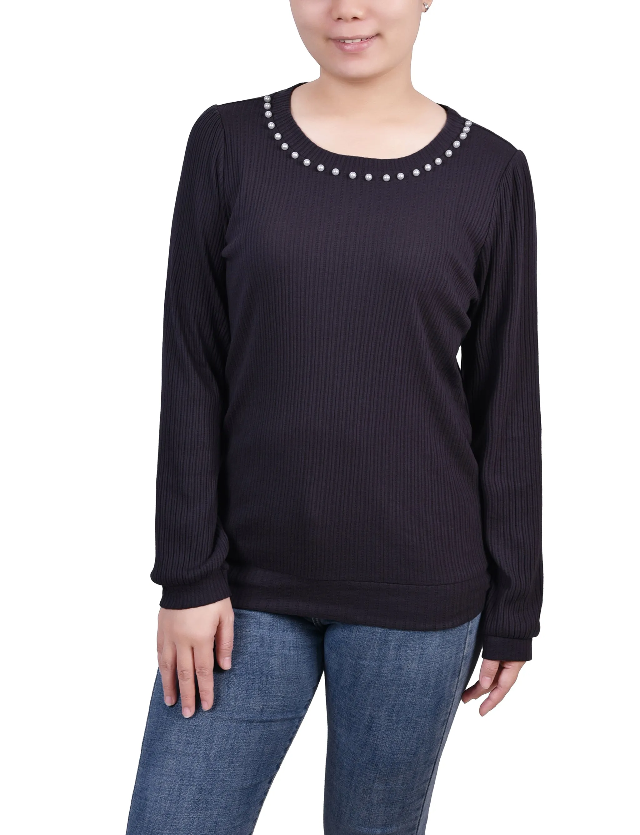 Petite Long Sleeve Ribbed Pearl Trimmed Top Reflective Detailing