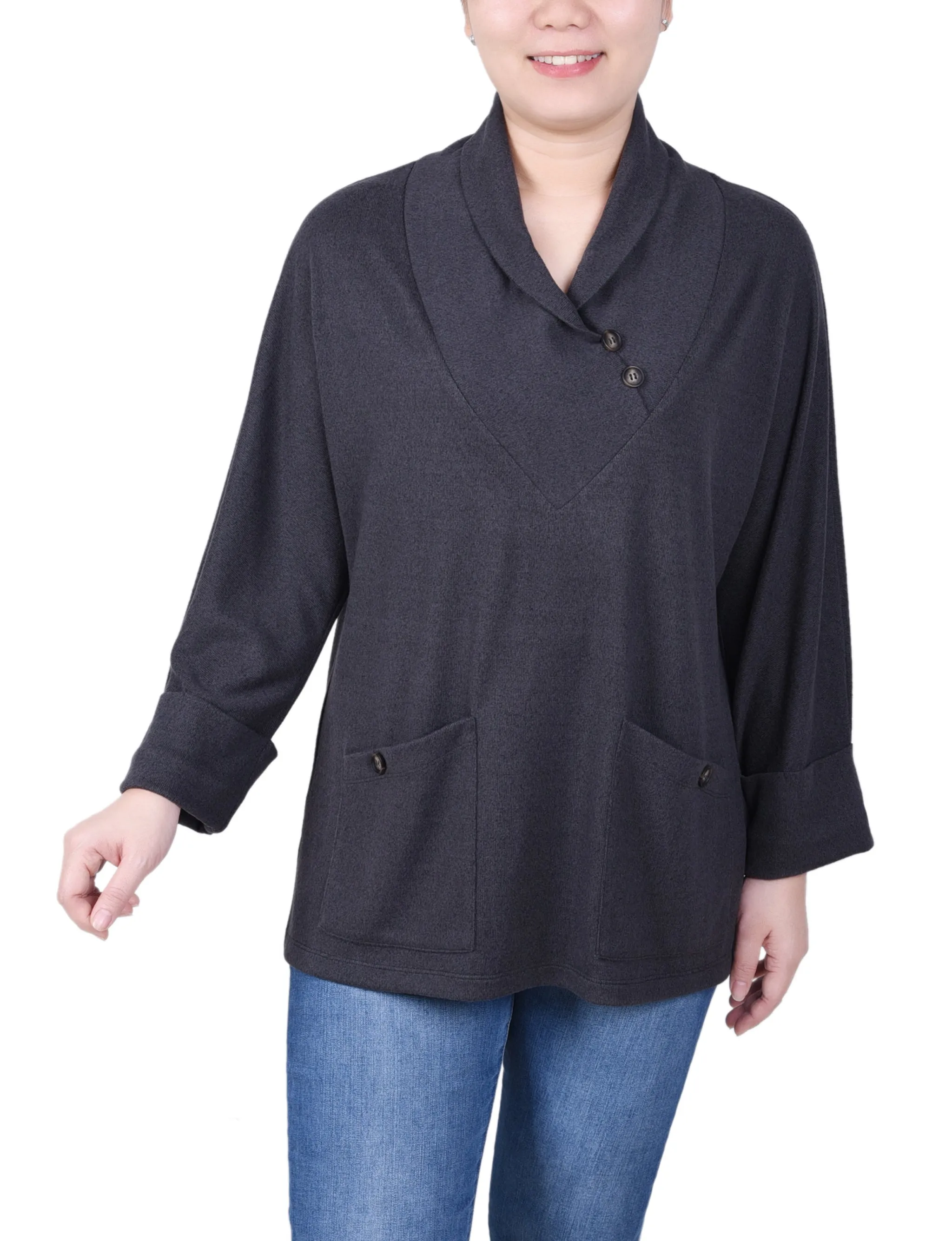 Petite Long Sleeve Shawl Collar Top With Pockets AllPurpose Design Durable Reinforced Elbows