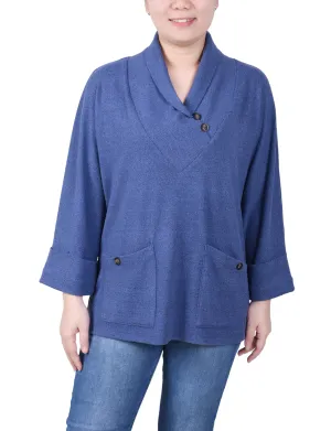 Summer Style Interlock Knit Petite Long Sleeve Shawl Collar Top With Pockets