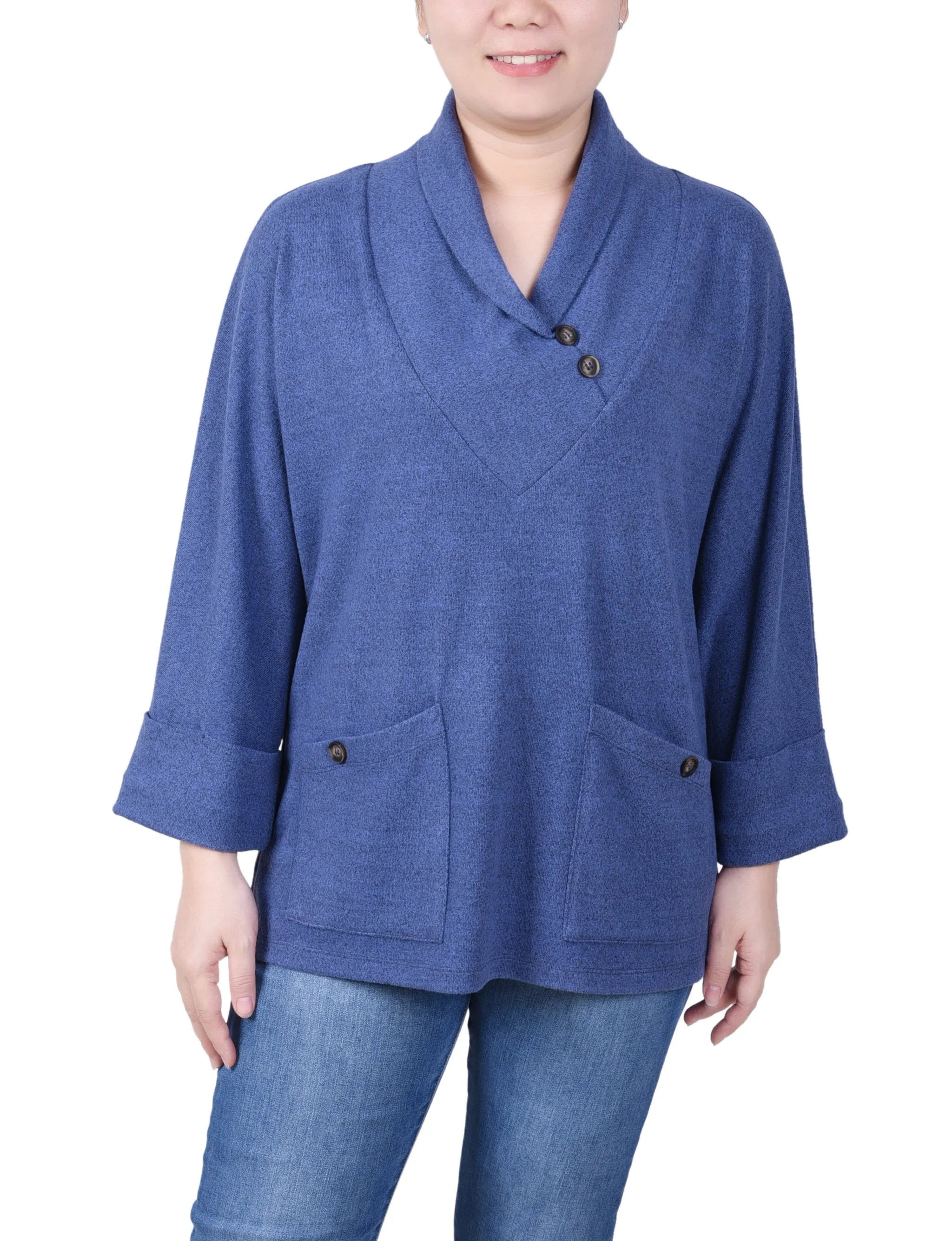 Outdoor Apparel Stretch Comfort Petite Long Sleeve Shawl Collar Top With Pockets