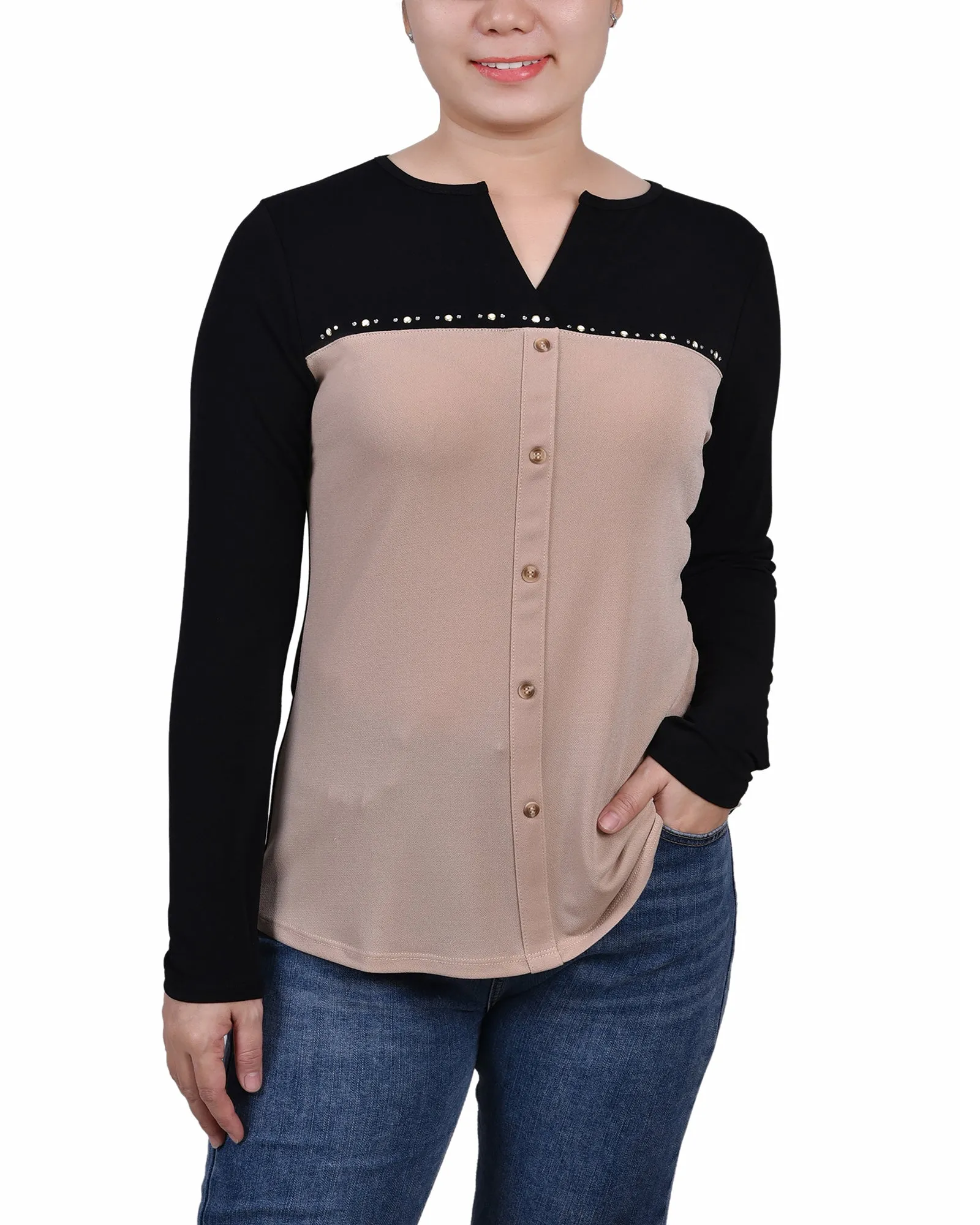 Petite Long Sleeve Studded Colorblocked Split Neck Top NonIrritatingEdges