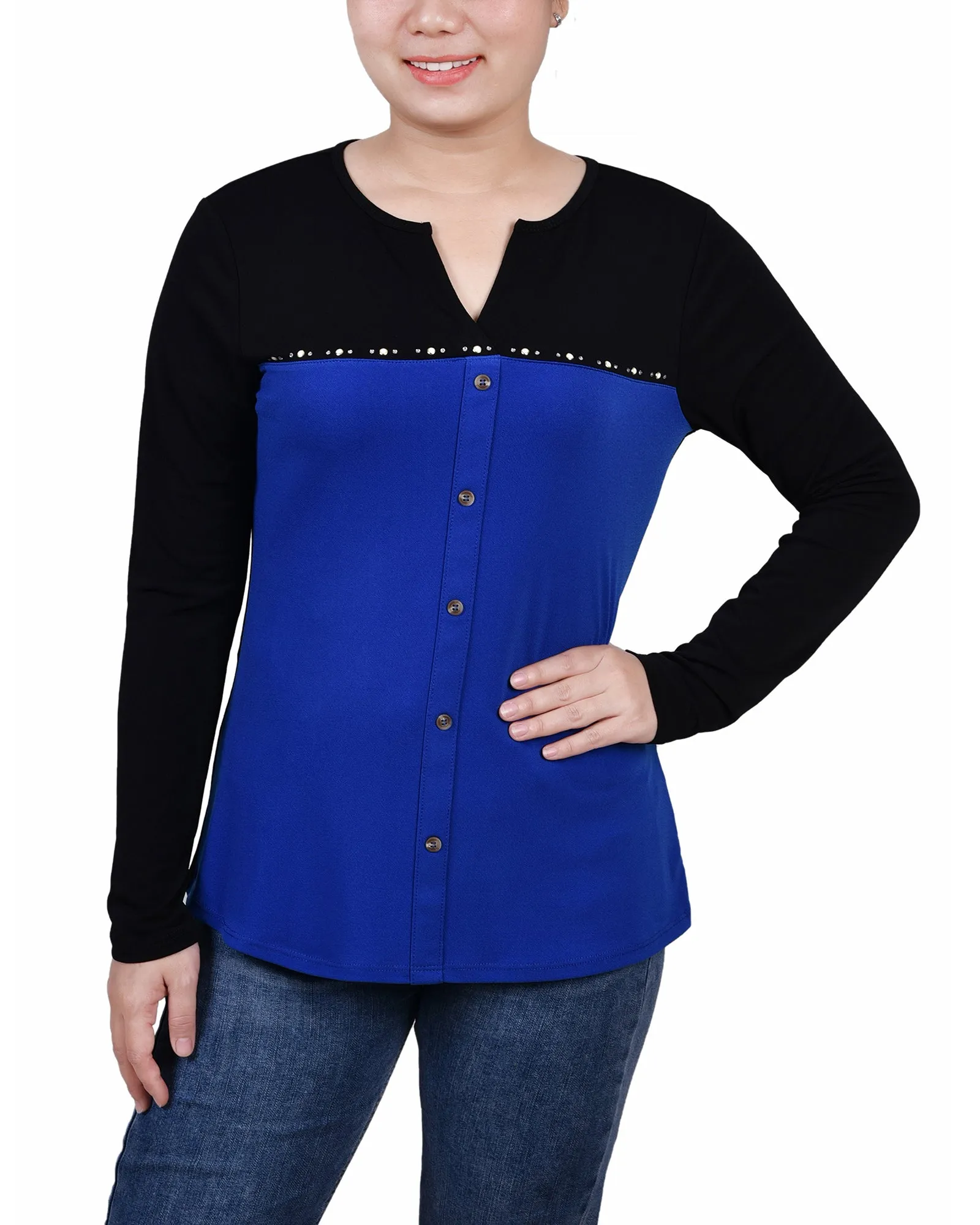 Petite Long Sleeve Studded Colorblocked Split Neck Top Convertible Sleeve Adaptation ColorfastMaterial