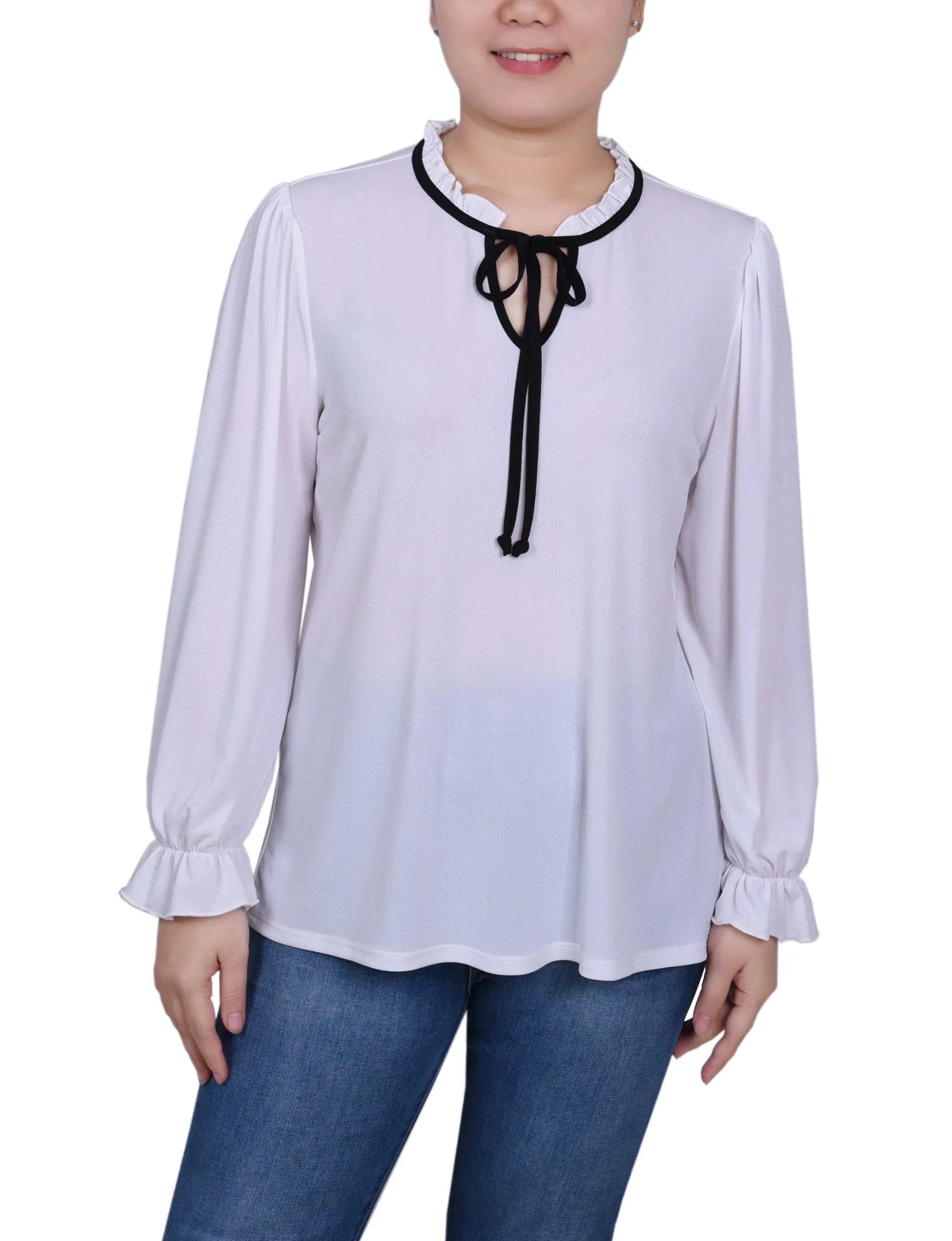 Reinforced Neckline Detail Petite Long Sleeve Tie Neck Top