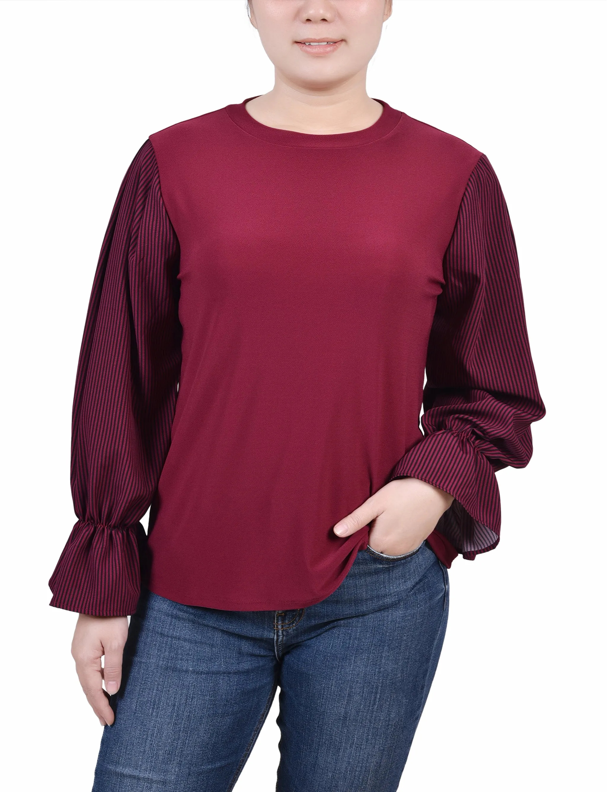 Petite Long Sleeve Top With Printed Sleeves Thermochromic Color Shift Tech ButterSoftTexture