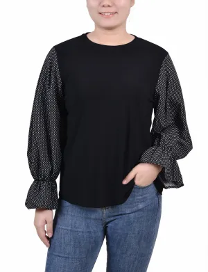 Formal top Adjustable drawstring Petite Long Sleeve Top With Printed Sleeves