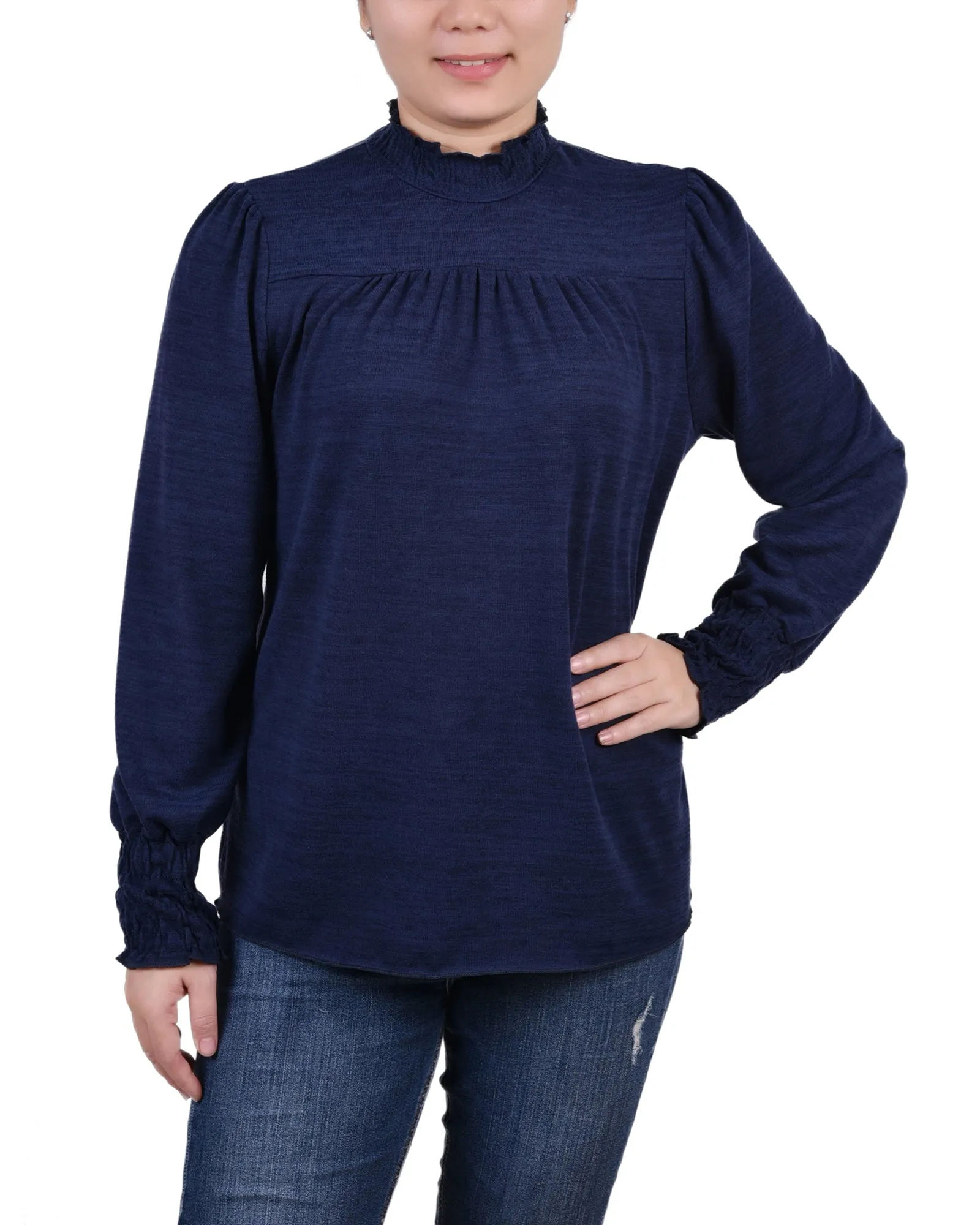DurableDoubleLayeredHem Timeless Cut Petite Long Sleeve Top With Smocking Details