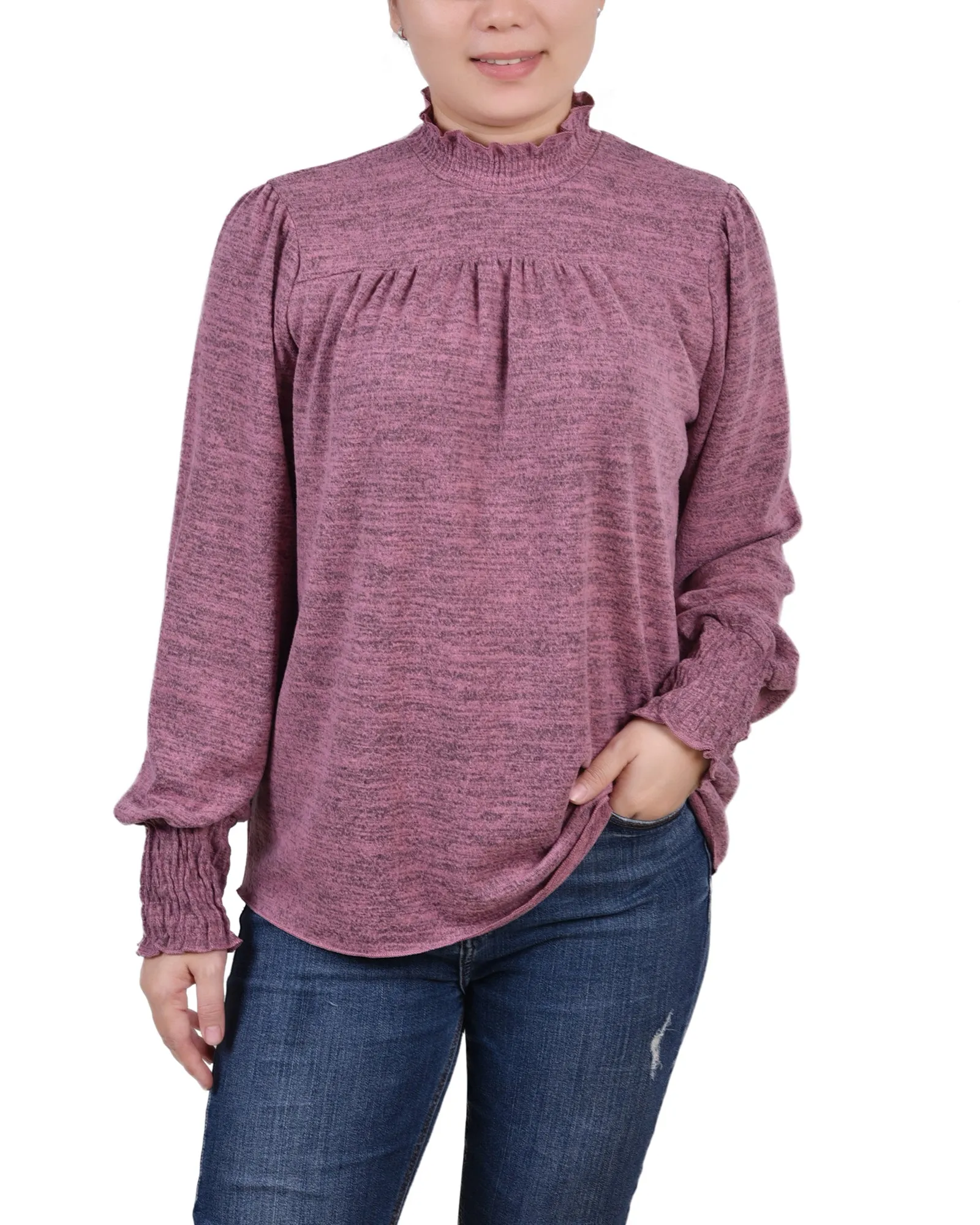 Stretchy Top ComfortStretch Petite Long Sleeve Top With Smocking Details