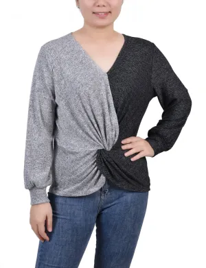 Petite Long Sleeve Twist Front Colorblocked Top Odor Resistant Fabric