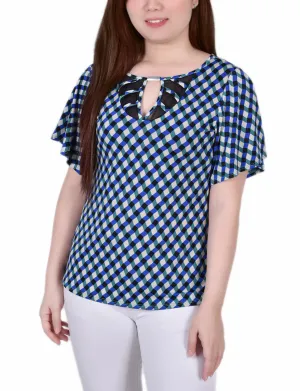 DoubleLayeredFabric Petite Mesh Flutter Sleeve Knit Top