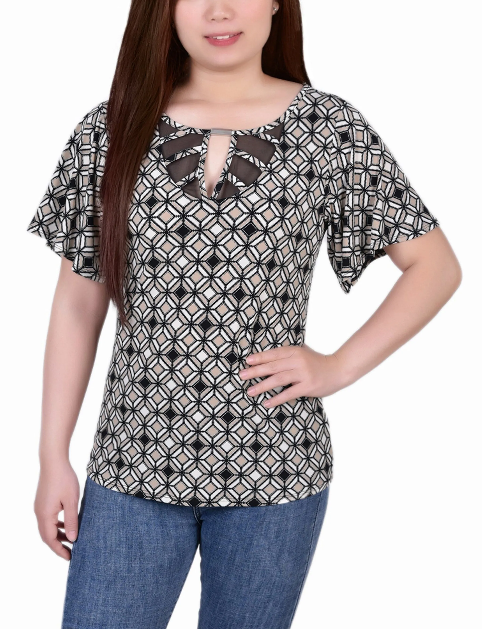 simple design Petite Mesh Flutter Sleeve Knit Top