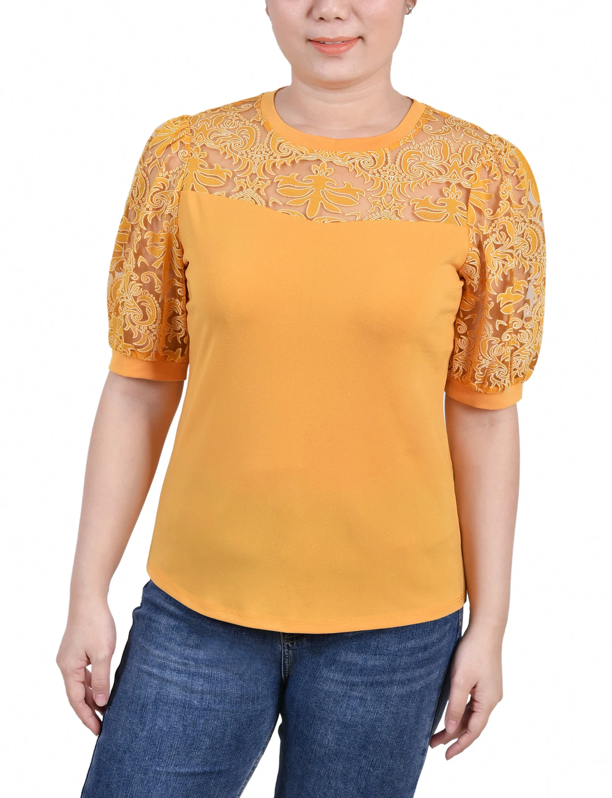 Petite Puff Lace-Sleeve Top Wrinkle Resistant Finish