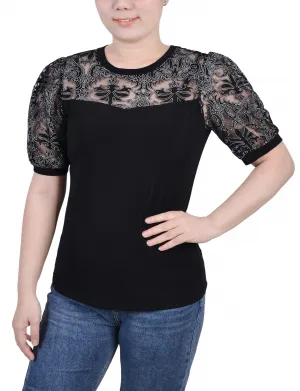 FourWayStretch RibbedHemline Petite Puff Lace-Sleeve Top