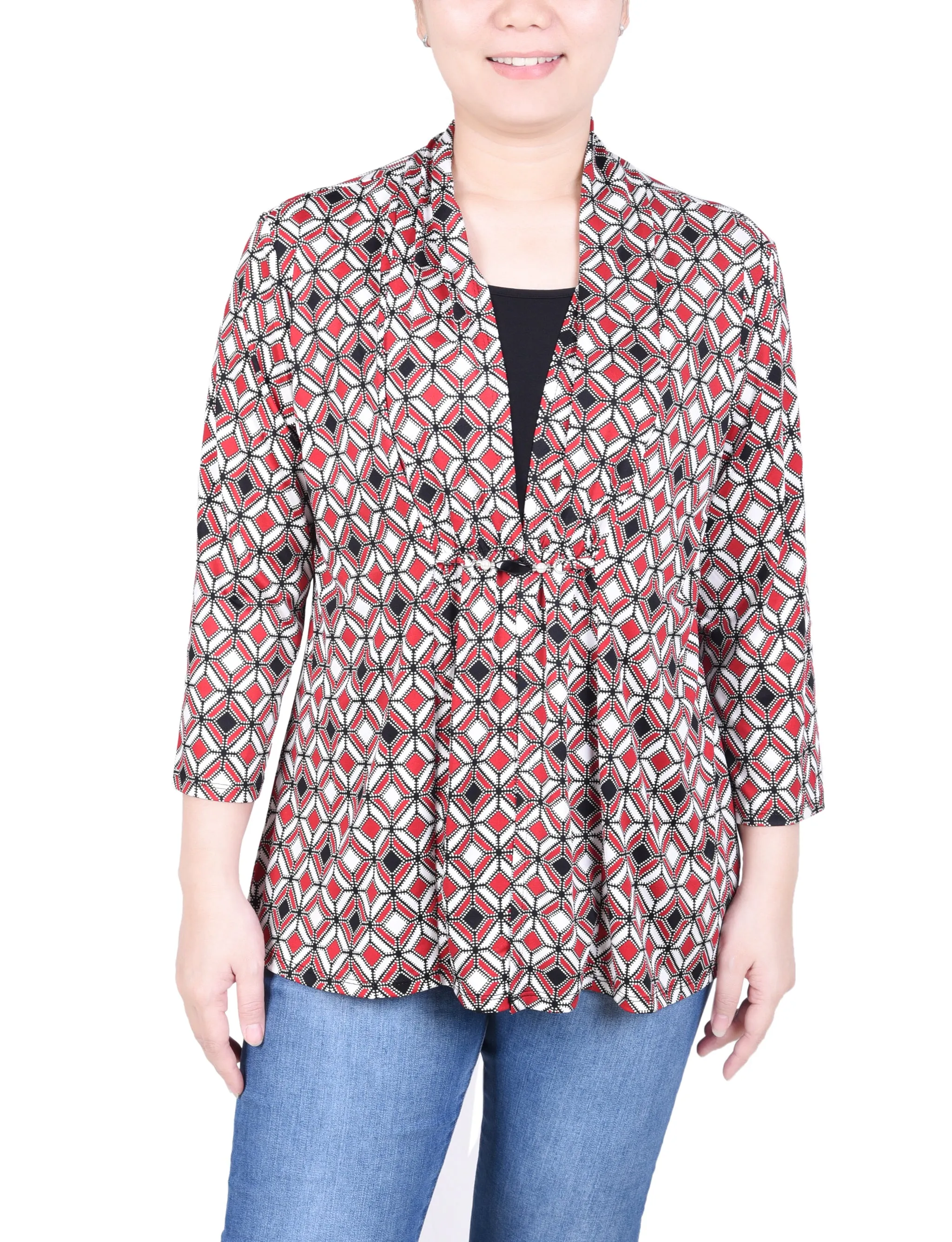 Petite Puff Print 3/4 Sleeve Two-Fer Top Wicking Inner Lining Stylish T-shirt