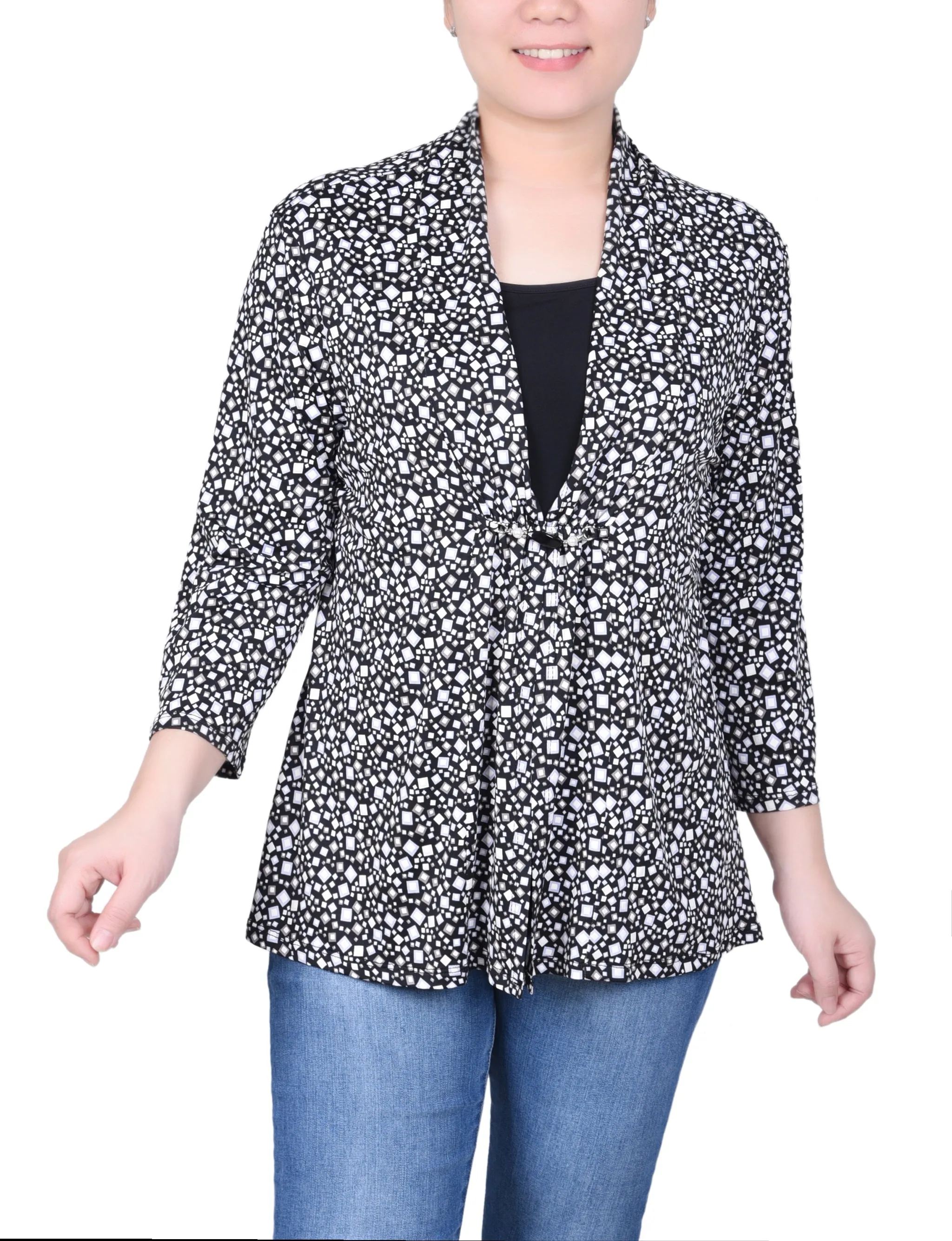 Petite Puff Print 3/4 Sleeve Two-Fer Top Tear Resistant HeatSealed Seams