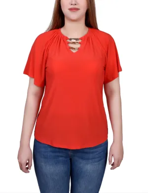 Cozy Sweater Bound Edges Petite Raglan Sleeve Top With Chain Details