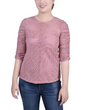 Petite Rouched Sleeve Lace Top Breathable fabric RibbedTexture