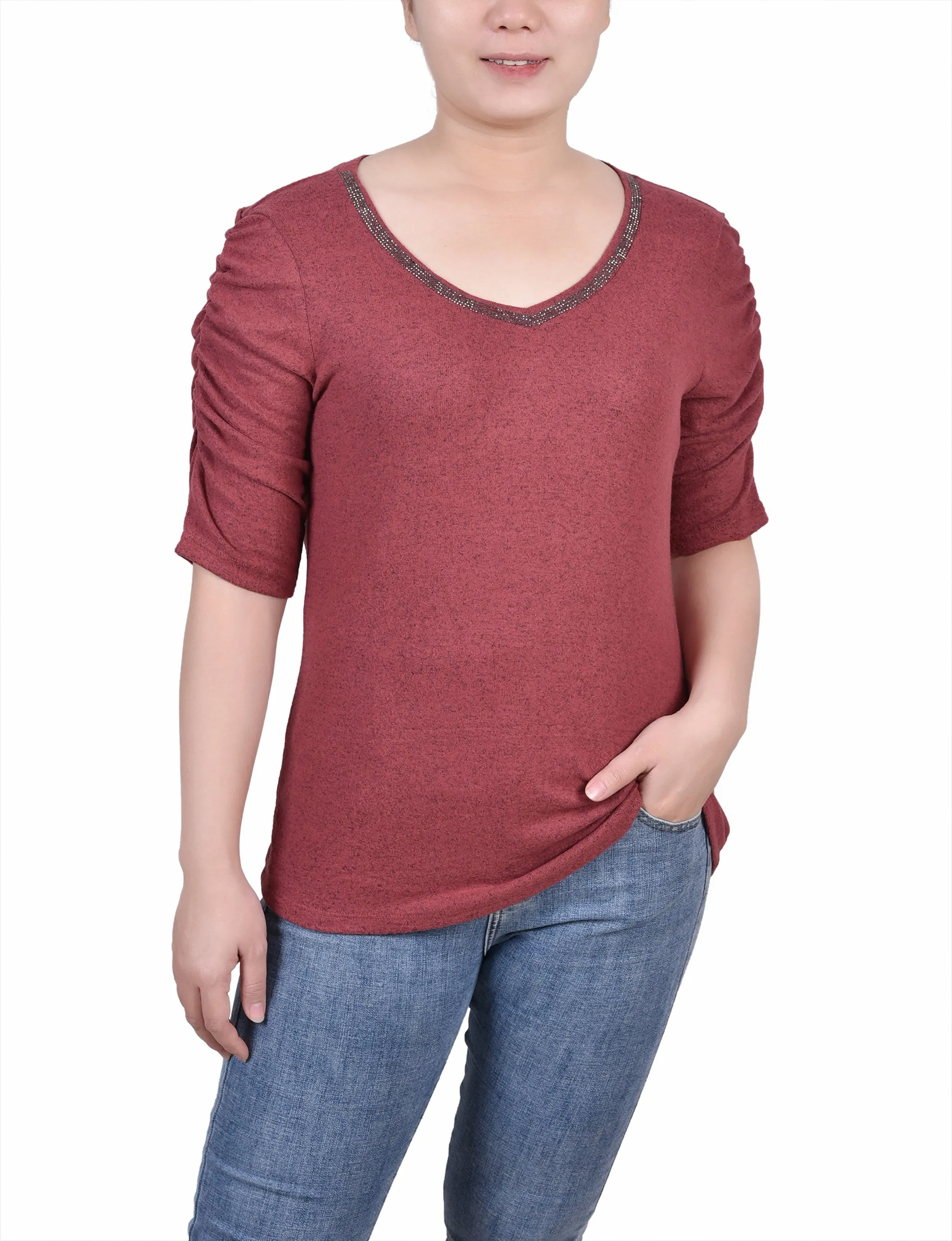 Hypoallergenic Inner Layer Layered Collar Design Petite Rouched Sleeve Top
