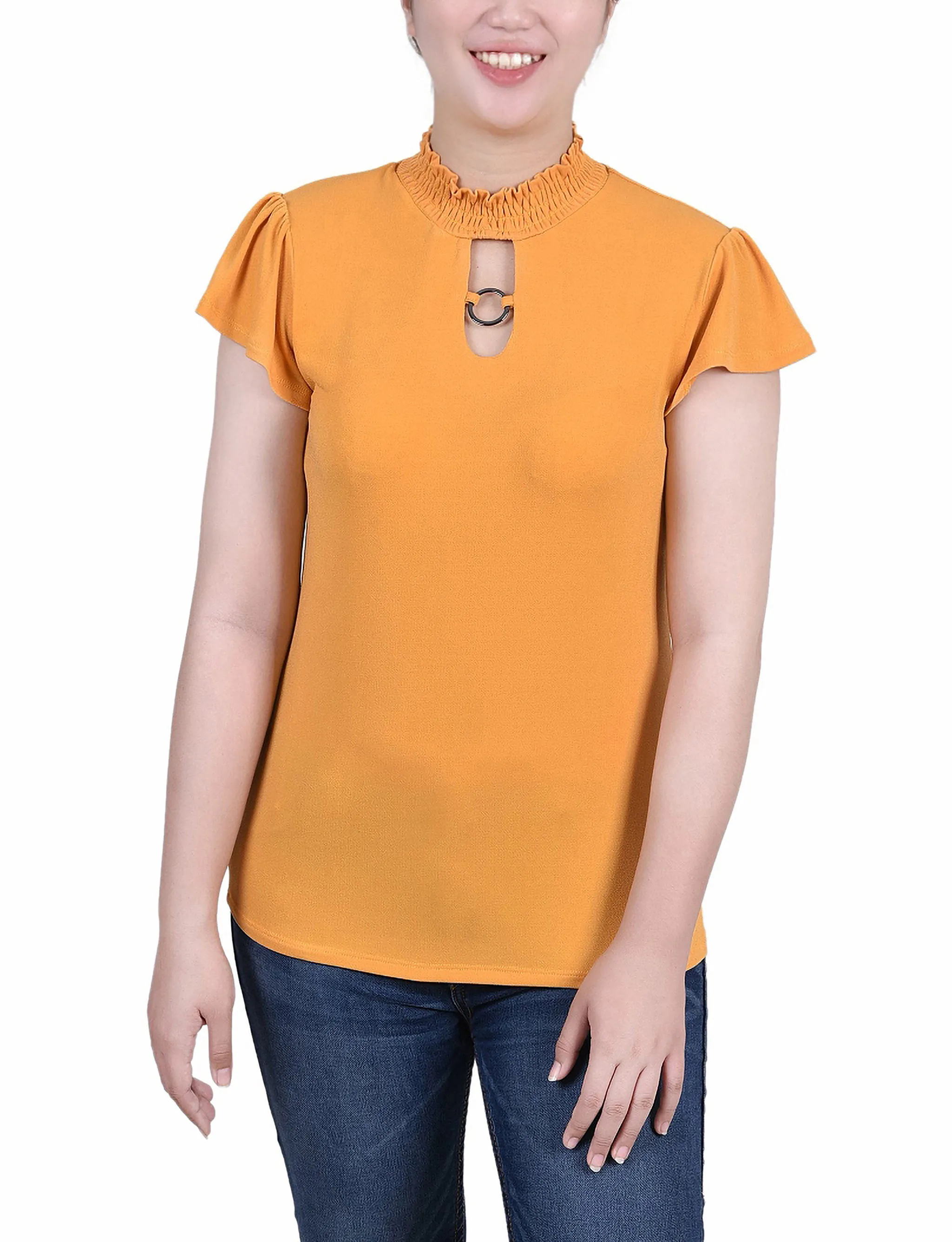 SnagResistant LowImpact Dye Process Petite Short Flutter Sleeve Mock Neck Top