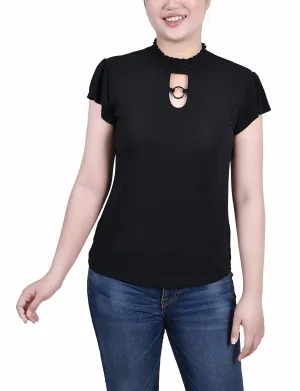 Petite Short Flutter Sleeve Mock Neck Top Summer Polo Butter Soft Handfeel