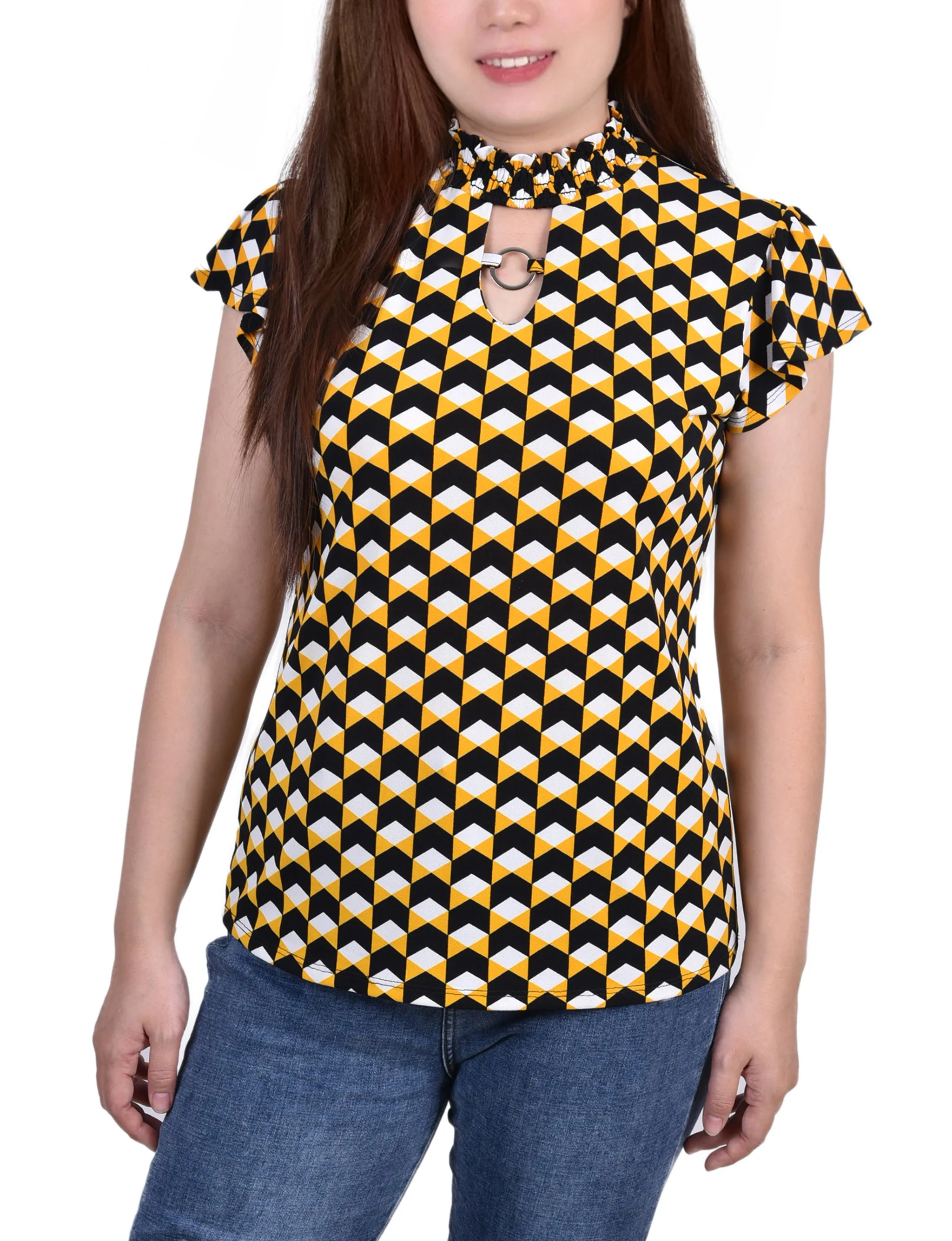 LowImpact Dye Process Petite Short Flutter Sleeve Mock Neck Top
