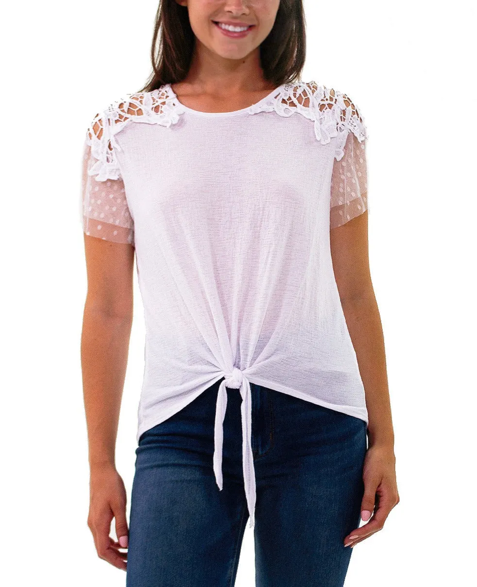 Airflow Optimized Weave Petite Short Point De Sprit Sleeve Top With Crochet Detail And Knotted Hem