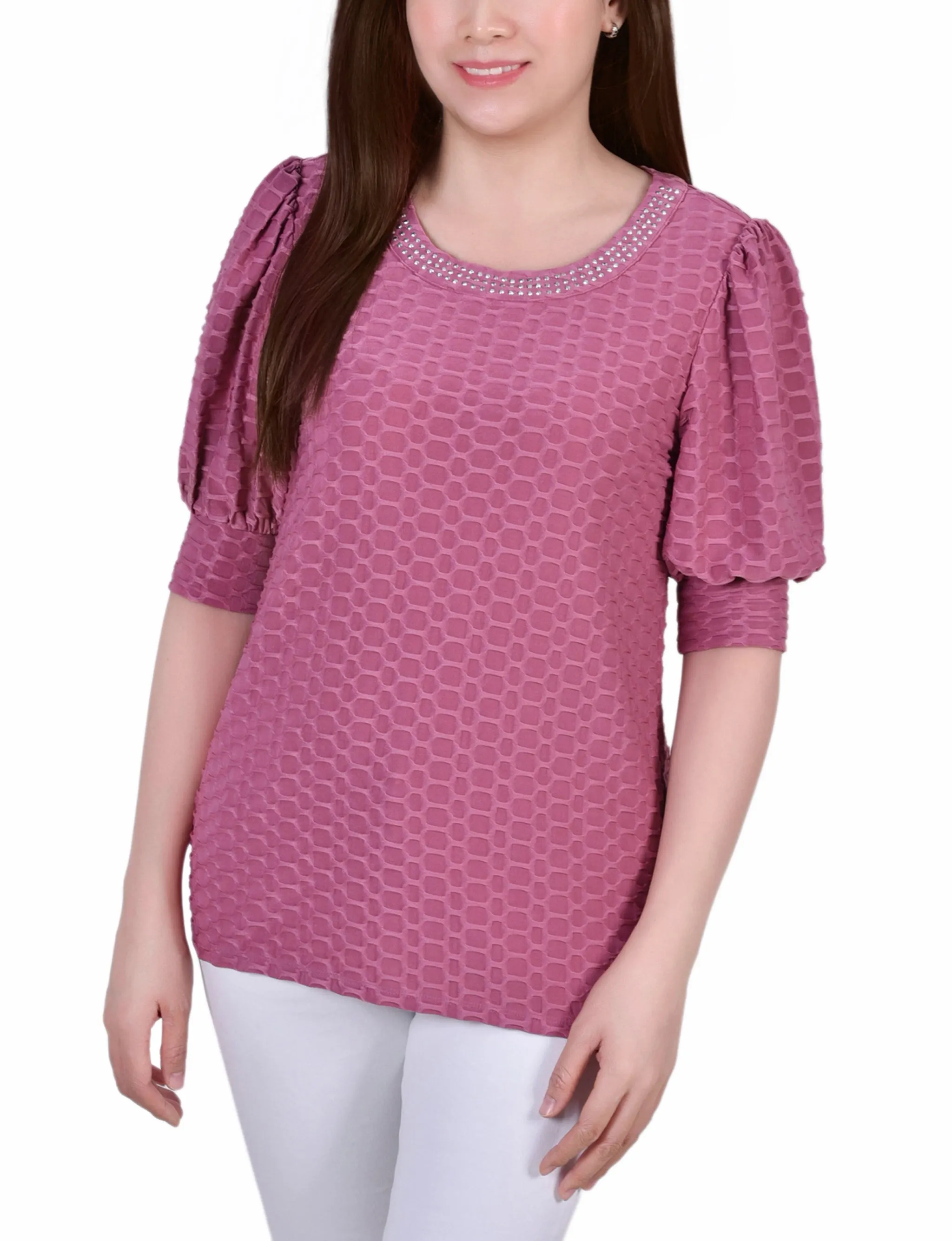Petite Short Puff Sleeve Honeycomb Top Sun Protection Fabric