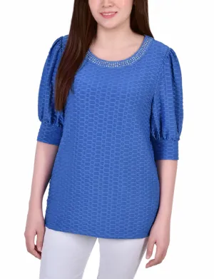 Petite Short Puff Sleeve Honeycomb Top Breathable Hoodie
