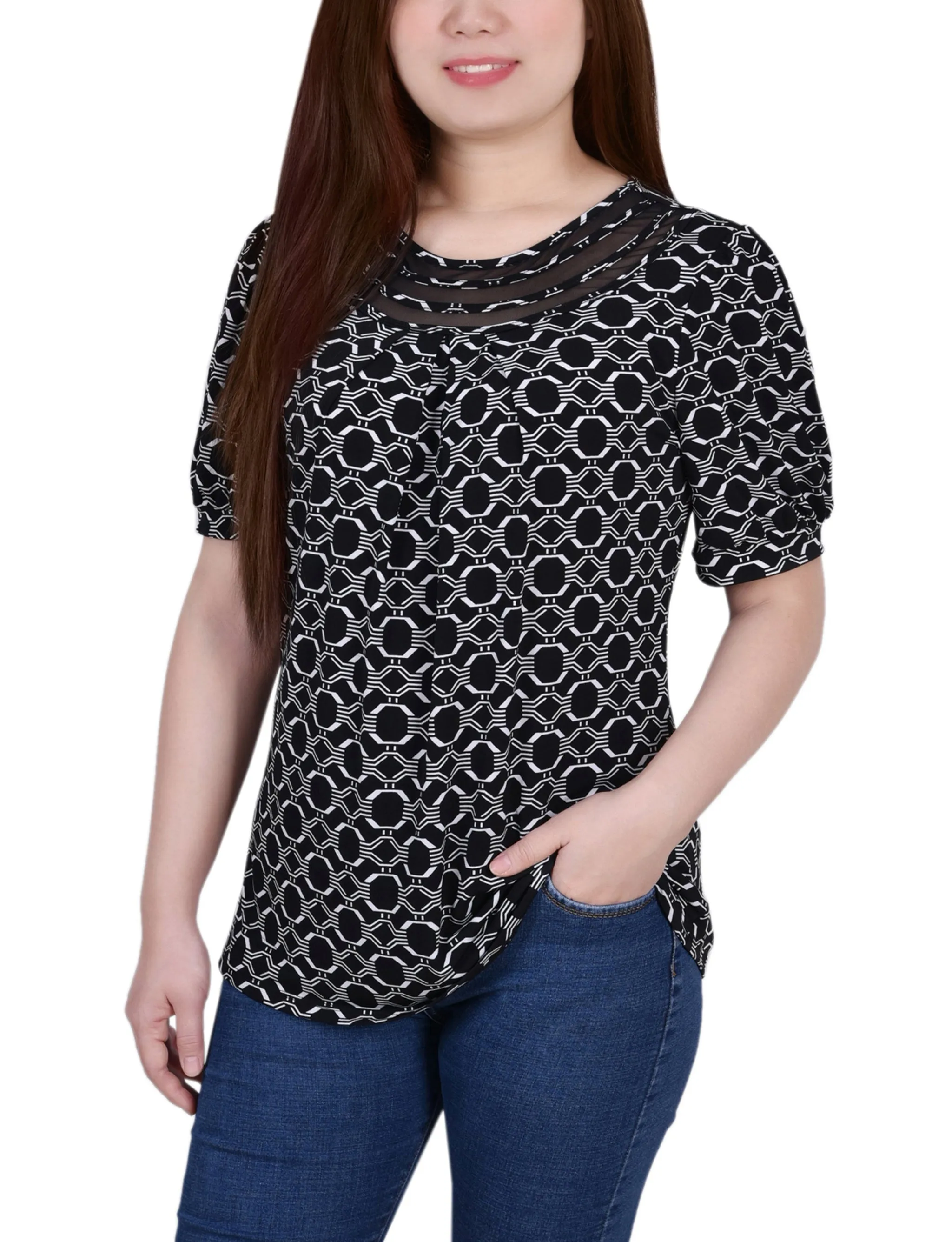 WrinkleResistant Fabric Petite Short Puff Sleeve Sheer Inset Top