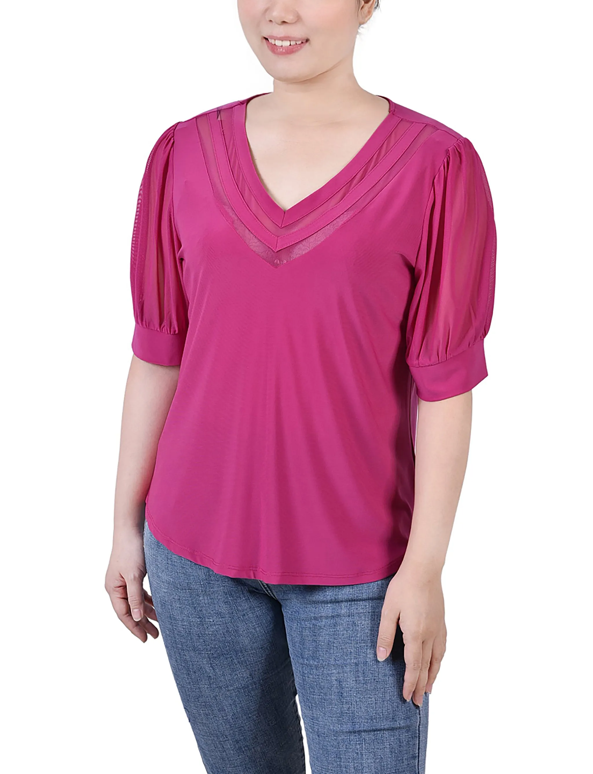 LowMaintenanceFabric Sweat Absorbing Lining Petite Short Puff Sleeve V Neck Top