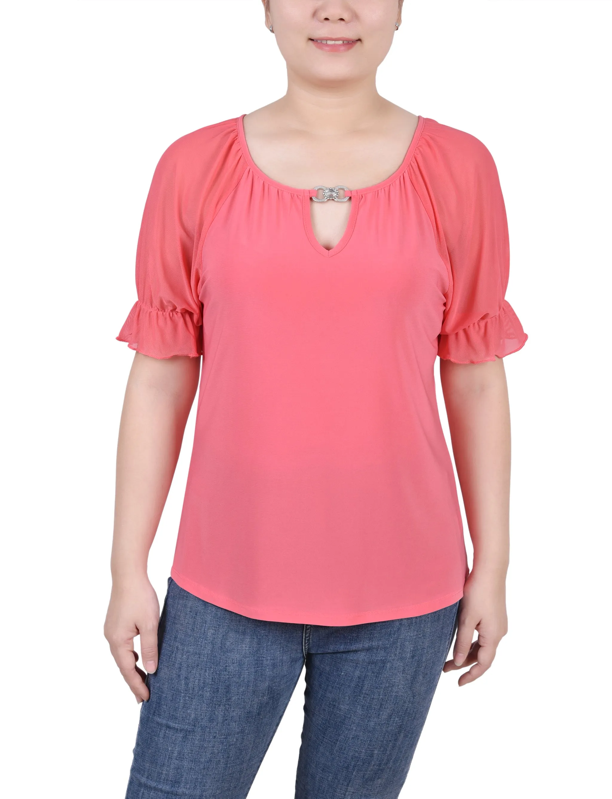 Petite Short Ruffle Sleeve Top With Rhinestones Contrast Stitch Detail StretchFit