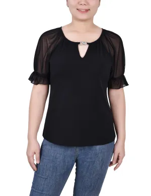 Petite Short Ruffle Sleeve Top With Rhinestones Relaxed Fit Shirt Colorfast Dye Method