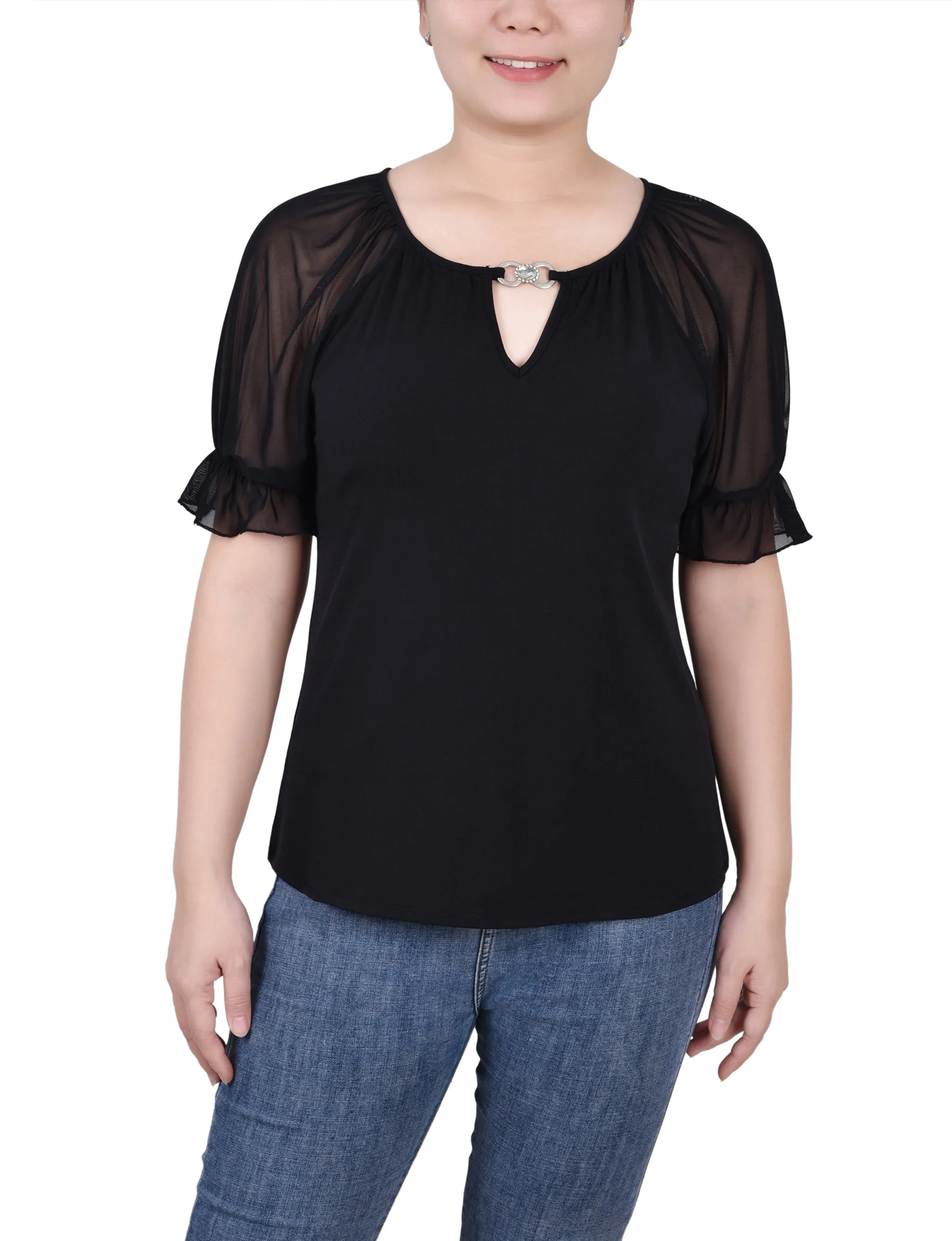 Petite Short Ruffle Sleeve Top With Rhinestones Relaxed Fit Shirt Colorfast Dye Method