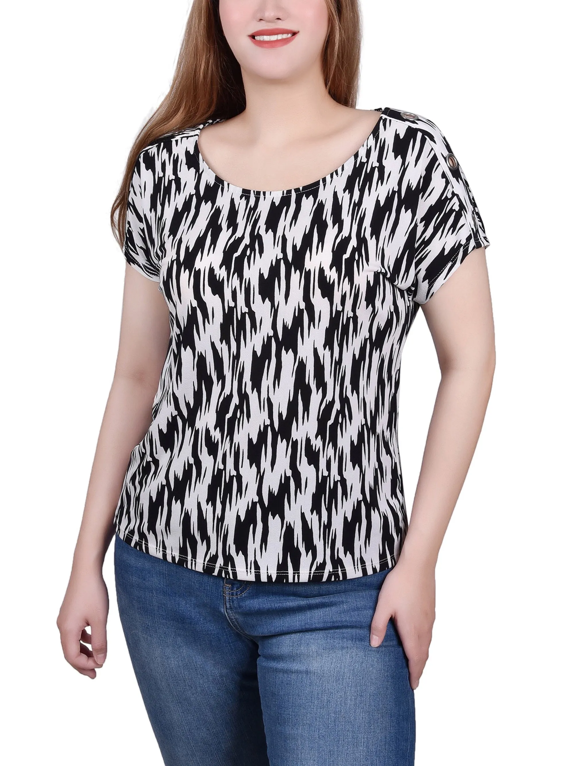 Petite Short Sleeve Extended Sleeve Tunic Top TonalStitching
