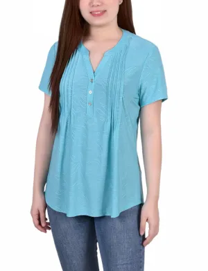 Petite Short Sleeve Pintuck Top Layered Panel Design