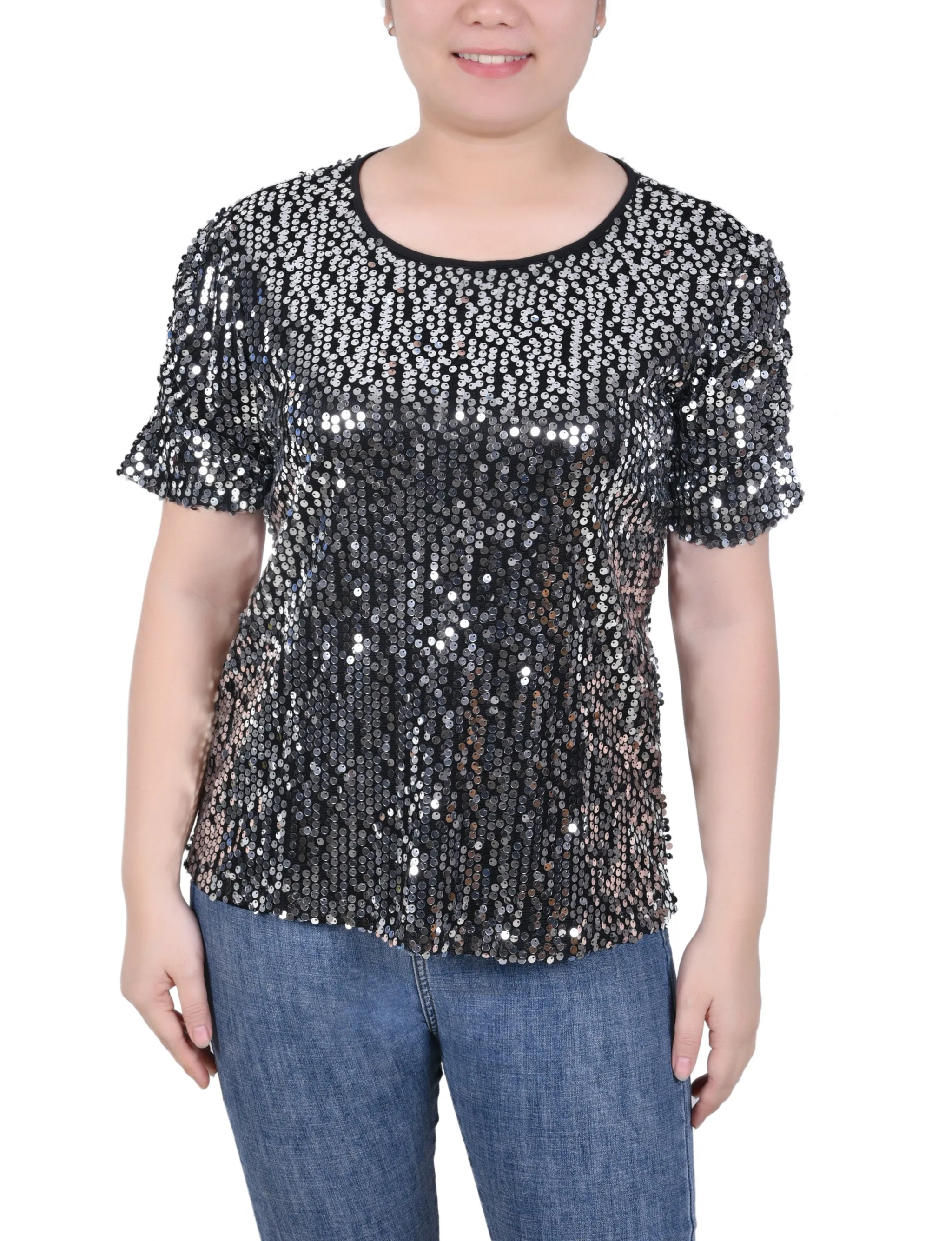 BiodegradableFabric Petite Short Sleeve Sequined Top