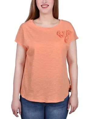 Petite Short Sleeve Slub Knit Top Bonded Hemline