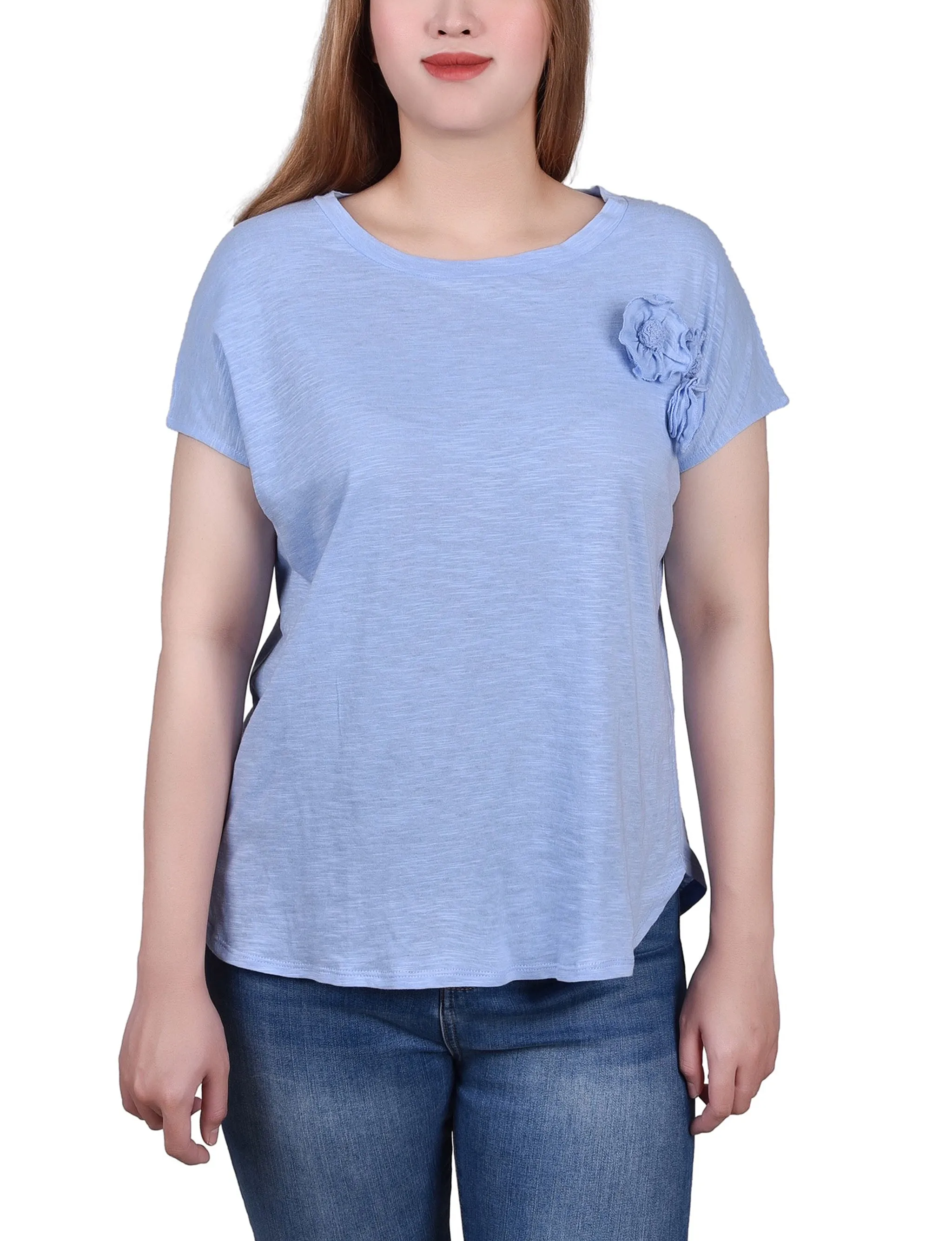 MeshVentilation High Neck Design Petite Short Sleeve Slub Knit Top